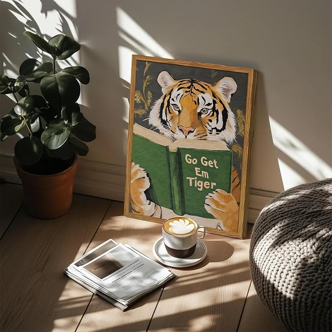 Framed Funny Tiger Wall Art, Motivational Animal Reading Wall Decor Paintings, Eclectic Go Get Em Tiger Canvas Prints Pictures Home Decor for Living Room Bedroom Dorm Office 16x24 inch