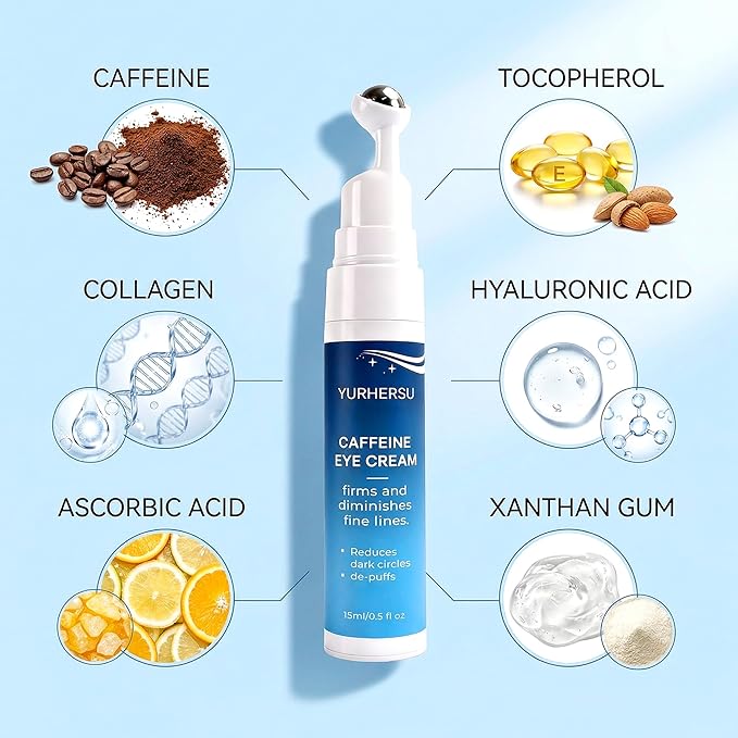 Caffeine Eye Cream with 360° Roller, Depuffing Serum with Caffeine, Collagen, Hyaluronic acid, Hydrating Under Eye Cream Firming Gel Reduce Puffiness, Dark Circle, Fine Lines & Bags, 0.5 Oz