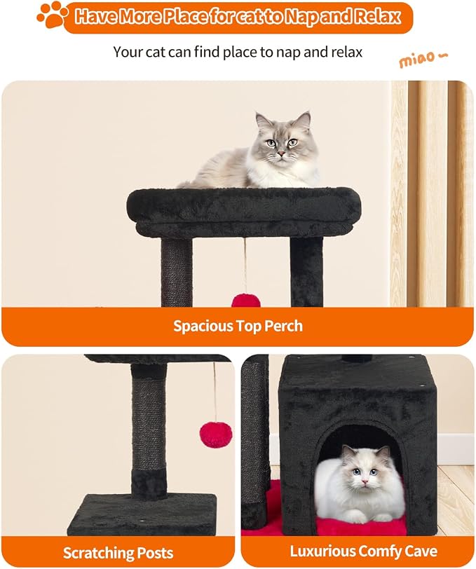 Cute Cat Tree Kitten Cat Tower Condo Cat Furniture Sisal Scratching Posts K | FISH&NAP For Indoor Jump Platform Activity Center Play House Red and Black