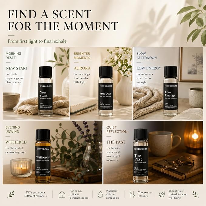 JustBloom Hotel Diffuser Oil Set, 5 Scents, 5 x 20 mL | Five hotel-inspired fragrance oil blends for waterless and cold-air diffusers, designed for home, office and all-season use.