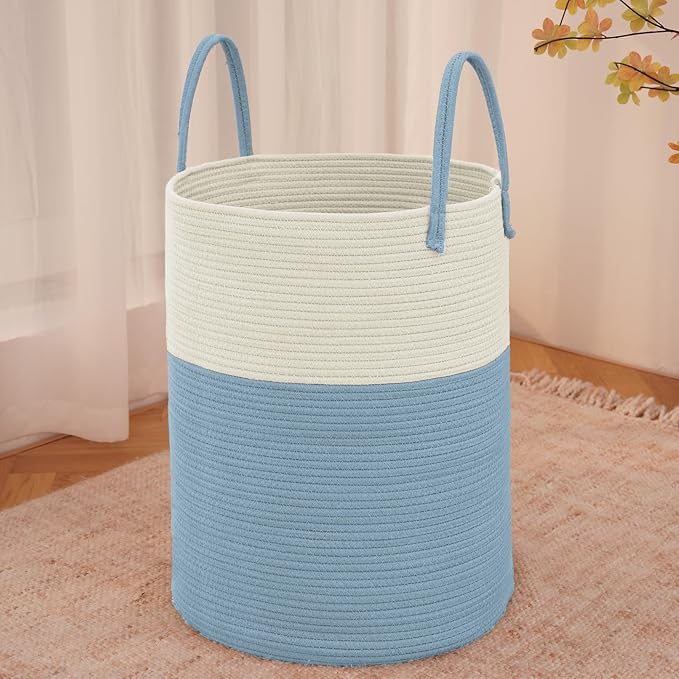 JMvicyroam 100L Cotton Rope Laundry Basket Hamper, White and Blue | Collapsible laundry basket, reinforced handles, freestanding, machine washable, holds 3-5 thick blankets, clothes or toys