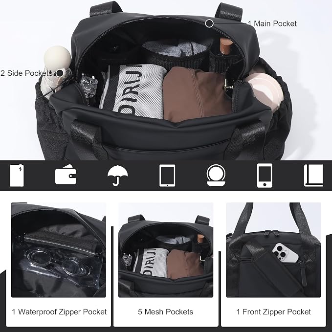 Bucosd Small Gym Bag for Women, Mini Crossbody Gym Duffle Bag with Wet Compartment, Carry on Gym Tote Bag for Workout Dance Sport Travel (Medium-Black)