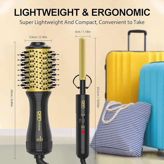 DAN Technology Hot Air Brush & Mini Curling Wand Set - 1 Inch Travel Set with 3 Temperature Settings (1 Inch Yellow)