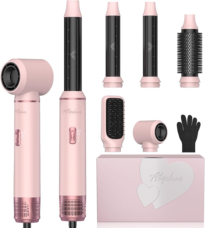 Atopskins 5 in 1 Hair Dryer Brush Set, Hot Air Styler, Detachable Blow Dryer Brush, 3 Heat Settings Auto Curling Wrap Styler, Ionic Hair Styling Tools, Straight Curl Dry Volumiz Smooth (Pink)