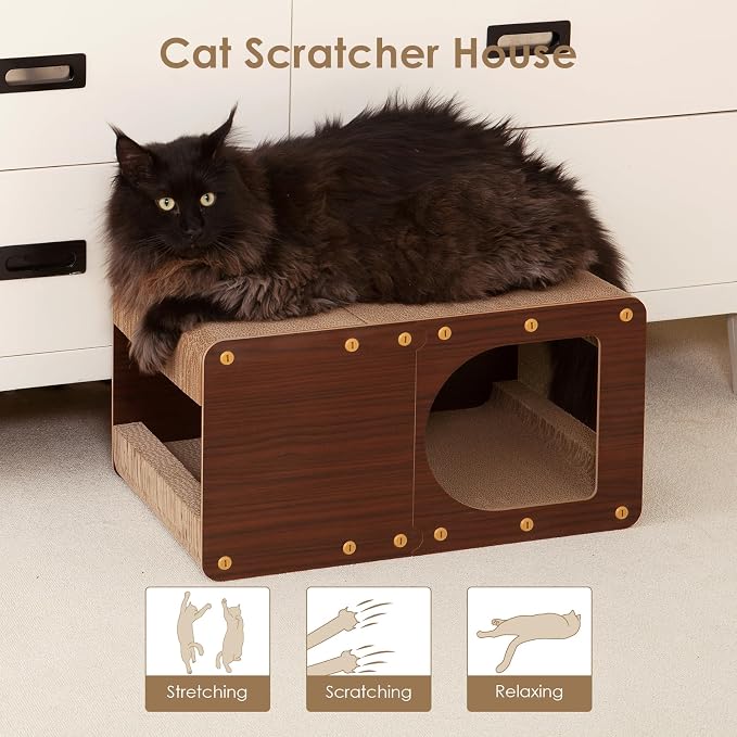 EHEYCIGA Cardboard Cat Scratcher House, 20-Inch Cat Scratch pad, Dark Brown | Cat Scratching Board for Indoor Cats, High-density Corrugated Paper, Multi-function, Anti-scratch, Easy Install, Large