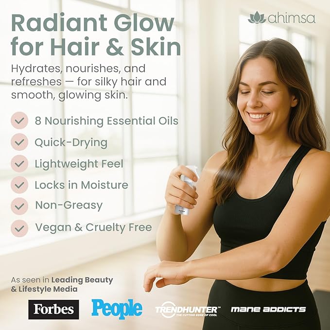 Ahimsa Hair & Body Oil Mist Spray, Lightweight Hydrating Glow Mist with Coconut Argan & Jasmine, Fast-Drying Non-Greasy Shine Spray, Natural Hair Perfume for Women & Body Oil in Clean Formula (2oz)