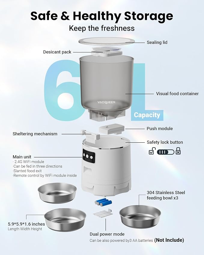 Automatic Cat Feeder for 3 Cats, 6L/25 Cups Smart WiFi Pet Feeder, Strong Anti-Jam System, Dual-Effect Desiccant Cat Food Dispenser, with 10S Voice Recorder for Cats and Small Dog(White)