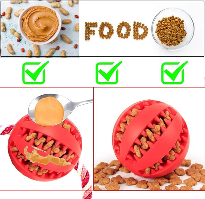 Engorgio Interactive Dog Chew Toys Crate Training Aids for Puppies, Puzzle Treat Dispenser with Rope Dogs Toy Ball Reduce Stress Anxiety Peanut Butter Dog Food Treat Dispenser Toys (Red)