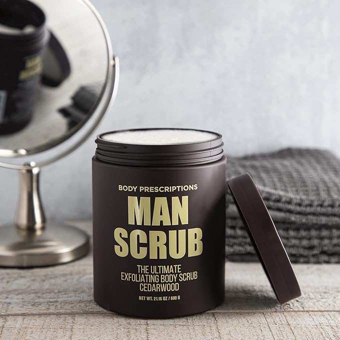 Body Prescriptions Men’s Exfoliating Body Scrub – Ultimate Skin Cleansing Wash in Jar with Twist-Top Lid, For All Skin Types, 21 Ounce (Pack of 4), Cedarwood