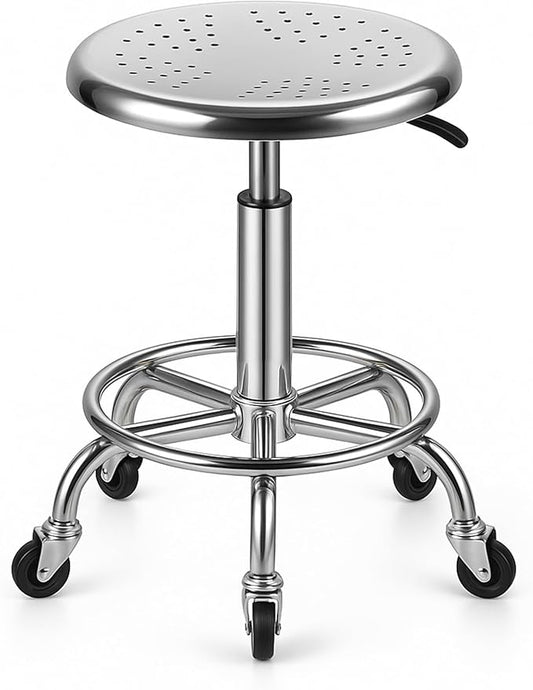 Rolling Stool, Stainless Steel Workbench Stool, Adjustable Swivel Stool Medical 5 Wheels, 304 Stainless Steel Structure Laboratory Round Pad, Load Capacity 445 lbs (Silver)