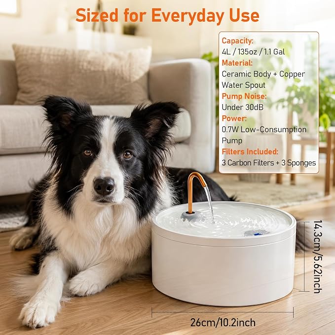 MISFANS Ceramic Dog Water Fountain, All-Ceramic Body, Pure Copper Spout | 4L/135oz Capacity, Under 20dB Pump, Dual Filtration, 3 Filters and 3 Sponges, Two Flow Modes, Small and Medium Dogs, White