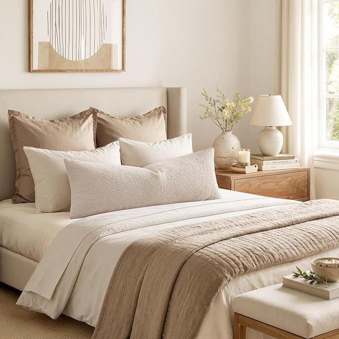 MIULEE Textured Boucle Lumbar Pillow Cover for Bed 14x36 Beige | Pack of 1 Textured Neutral Couch Throw Pillow Cover, Accent Solid Long Body Pillowcase, Sofa Living Room Home Decor