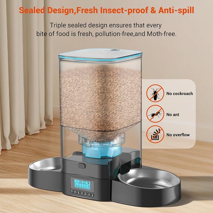 HoneyGuaridan 5L Automatic Cat Feeder for 2 Cats,Timed Dry Food Cat Feeder | Cat Food Dispenser with Stainless Steel Bowl, Prevent Fighting, Precise Portion, Blanced Dispense, Voice Recorder