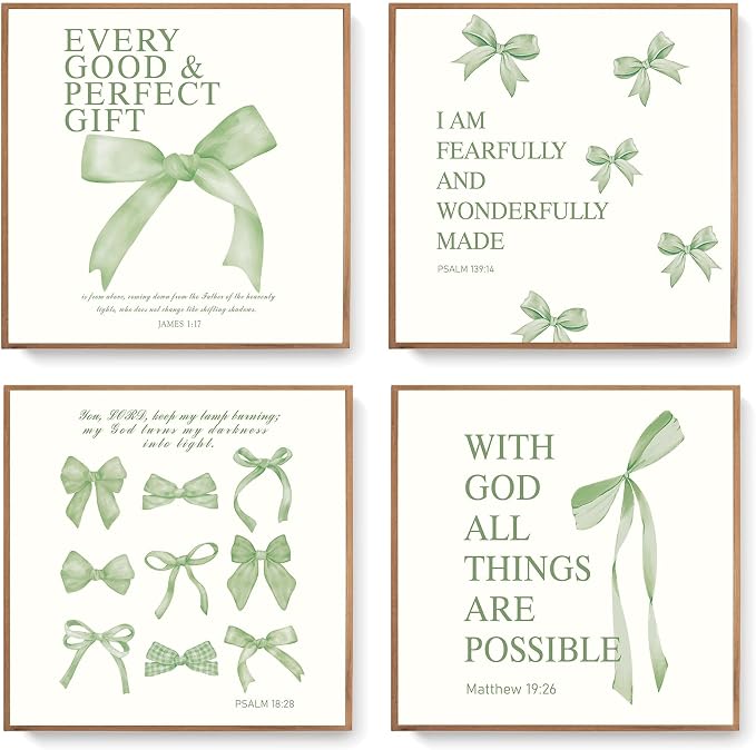 LARTSFRO Coquette Sage Green Bow Wall Art Decor Posters, Sage Green Bow Room Bedroom Bathroom Wall Art Decor Aesthetic for Teen Girls Gifts, Inspirational Bible Verses Bow Wall Decor, 10x10 Inch Set of 4 Bow Pictures Unframed