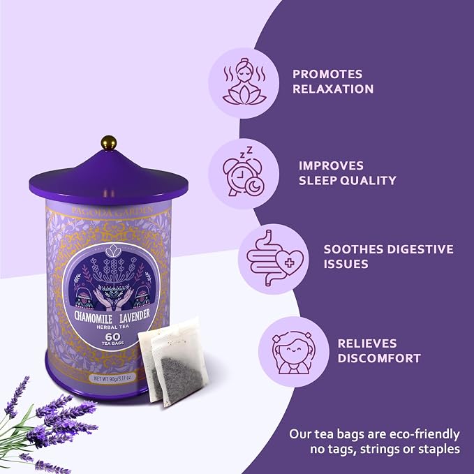 Life Plus Style Gourmet Pagoda Garden Chamomile Lavender Herbal Tea Caffeine Free Hot or Iced Floral Blend Natural Delicious Sleep Tea 60 Tea Bags