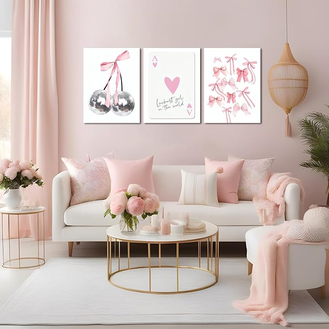 Trendy Pink Bows Wall Art Set of 3 Preppy Coquette Wall Decor Trendy Disco Ball Canvas Posters Prints Girly Aesthetic for College Apartment Bedroom Decoration Framed 16x24 In