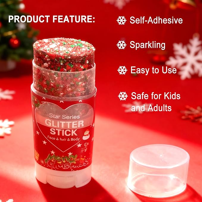 Red Green and White Body Glitter Stick, Christmas Hair Glitter for Kids,Xmas Party Festivel Accessories Outfits for Women Face Glitters Makeup, Long Lasting Chunky Sequins Gel for Christmas (Red)