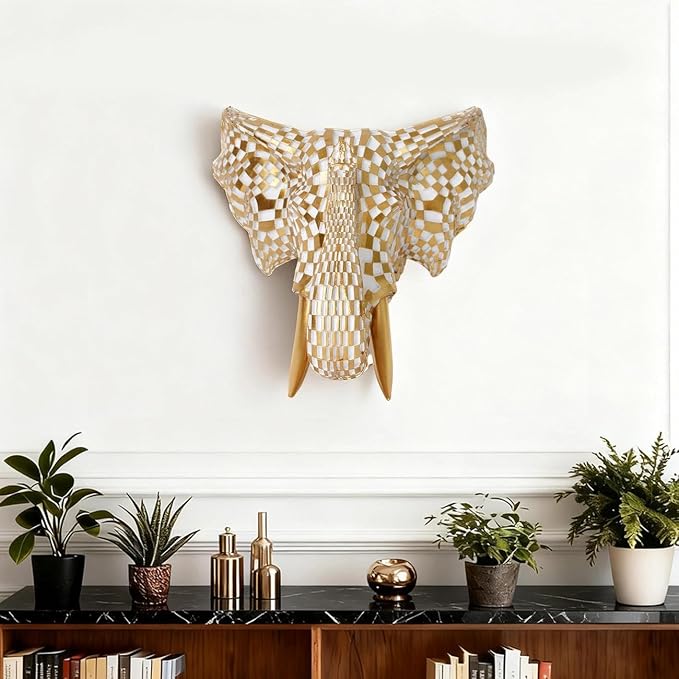 GIGICICI 9x7.8-Inch Vintage Mosaic Elephant Head Wall Sculpture Art Mount Statue for Room Bedroom Office Living Decor(White Gold)