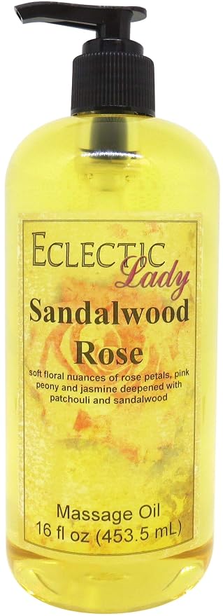 Sandalwood Rose Massage Oil, 16 oz, With Sweet Almond Oil and Jojoba Oil, Preservative Free, Perfect for Aromatherapy and Relaxation