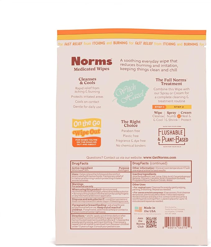 Norms Travel Hemorrhoid Wipes, Big Sheets Wipe Outs - 24 XL Individual Witch Hazel Wipes with Aloe, Clean, Soothe, and Cool, Postpartum Compress, Flushable Wipes, Plant Based & Paraben Free