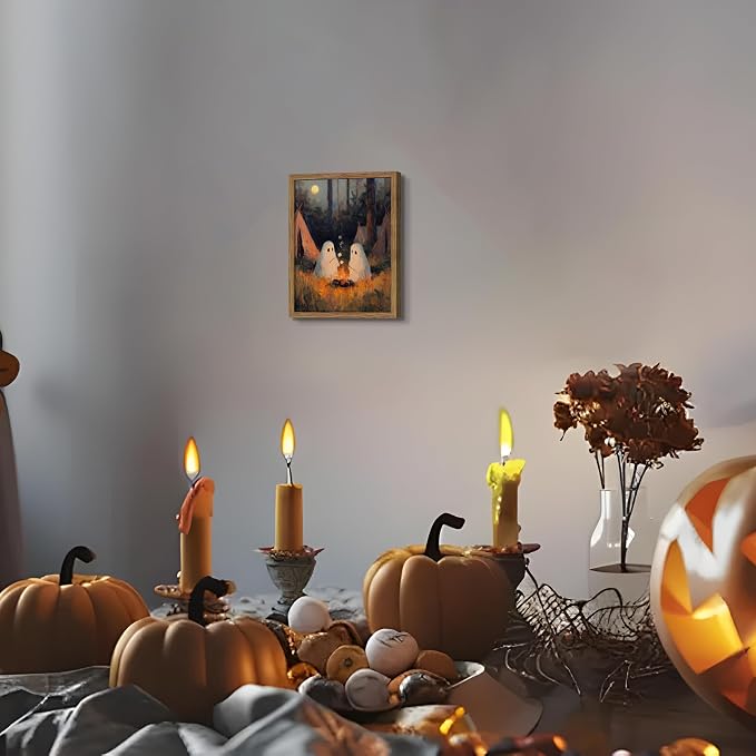 Framed Vintage Halloween Wall Art, Camping Ghosts Cozy Fireplace Canvas Prints, Gothic Whimsigoth Decor Cute Spooky Poster, Farmhouse Halloween Wall Decor, Ready to Hang 8x10in Wood Frame