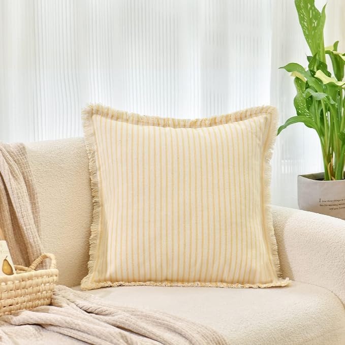 Throw Pillow Covers 20x20 Set of 2 Striped Pillow Covers with Fringe Chic Cotton Decorative Pillows Square Cushion Covers for Sofa Couch Bed Living Room Farmhouse Decor, (Yellow)