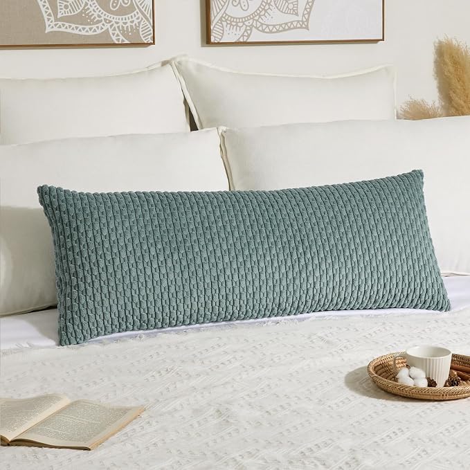 Kevin Textile Soft Corduroy 20"x54" Body Pillow Cover 1 Pack, Teal Green | Boho Stripe Plush Corduroy Decorative Oblong Cushion Cover Modern Farmhouse Home Decor for Sofa Couch Bed Chair