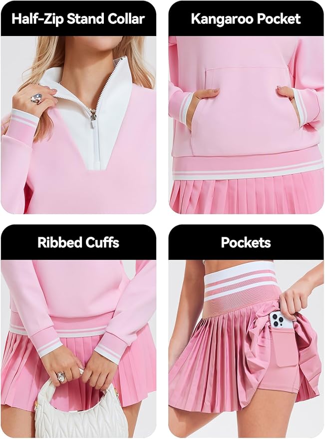 Airfree Women Two Piece Tennis Skirt Set Golf Outfits Half Zip Oversize Pullover Sweatshirt 2 Piece Skirt Sets with Pockets