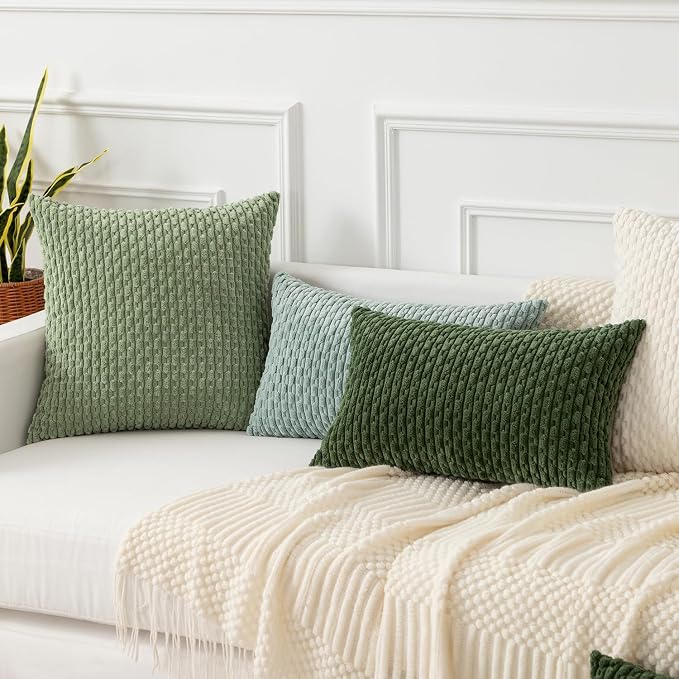 Kevin Textile Soft Corduroy 16"x24" Lumbar Pillow Cover 1 Pack, Grey Green | Boho Stripe Plush Corduroy Decorative Oblong Cushion Cover Modern Farmhouse Home Decor for Sofa Couch Bed Chair