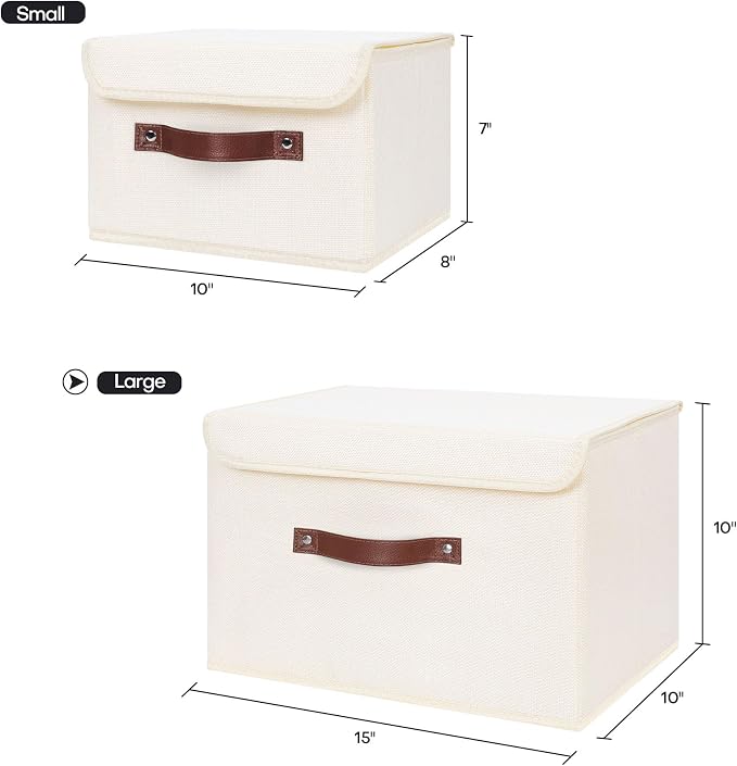 ANMINY Fabric Storage Box Bins with Lids, Beige, 15"x10"x10" | Keepsake Memory Storage, Cotton Linen, PP Board Reinforced, Washable, PU Handles, Foldable & Stackable, Decorative, Large