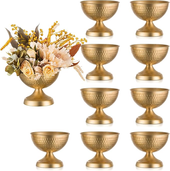 Sziqiqi Gold Urn Vase for Flowers, Wedding Table Compote Vase, 5.9in, 10Pcs | Hammered Vintage Urn Vase, Wedding Table Decoration Centrepieces Set, For Artificial Flowers,Party, Home Decor, Anniversary