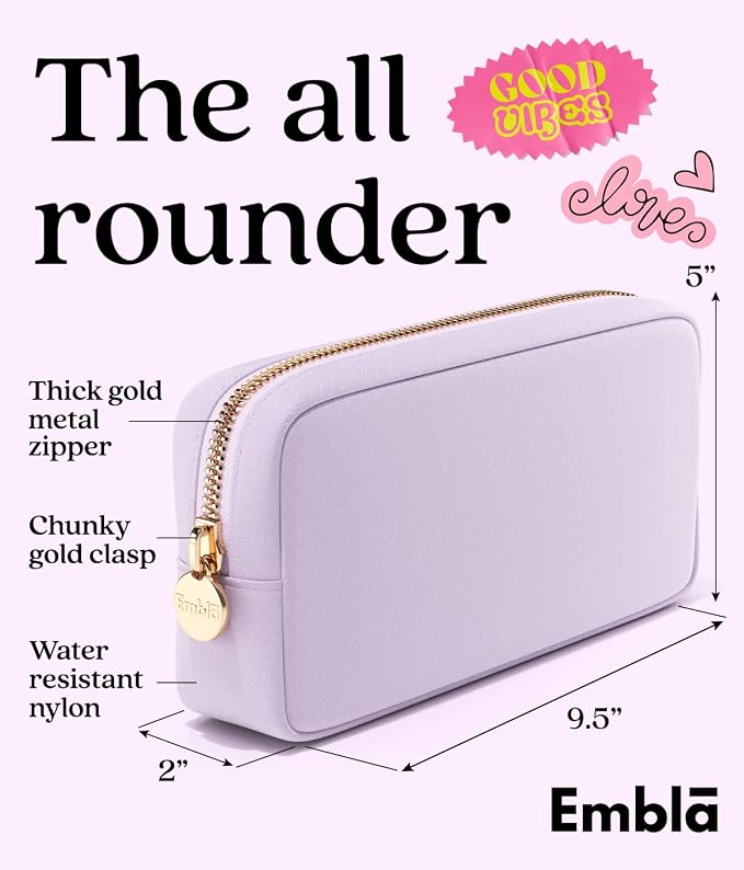 Embla Makeup Bag Travel Cosmetics Pouch and Toiletry Bag, Nylon Zipper Pouch Purse, Cute Make Up Organizer Storage Tote for Women Girls, Waterproof Travel Skincare Case, Small Makeup Bags, Lilac