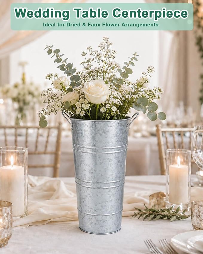 12 Inch Galvanized Metal Vase, 6 Pack Tall Flower Buckets with Handles | Galvanized metal flower buckets with handles, rustic tall vase design for dried flowers, weddings, farmhouse and home decor.