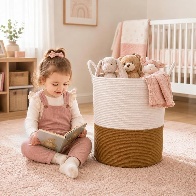 Baby Laundry Basket, Cotton Rope Nursery Hamper with Handles, Jute | Foldable decorative organizer for baby clothes, blankets and toys; tall shape saves space and suits nurseries or kids rooms.