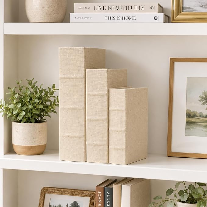 DECOR4SEASON Decorative Book Boxes Set of 3 – Modern Faux Linen & Wood Hidden Storage for Coffee Table – Stackable Fake Books for Shelf Decor, Remote Control & Jewelry Organizer (Beige)