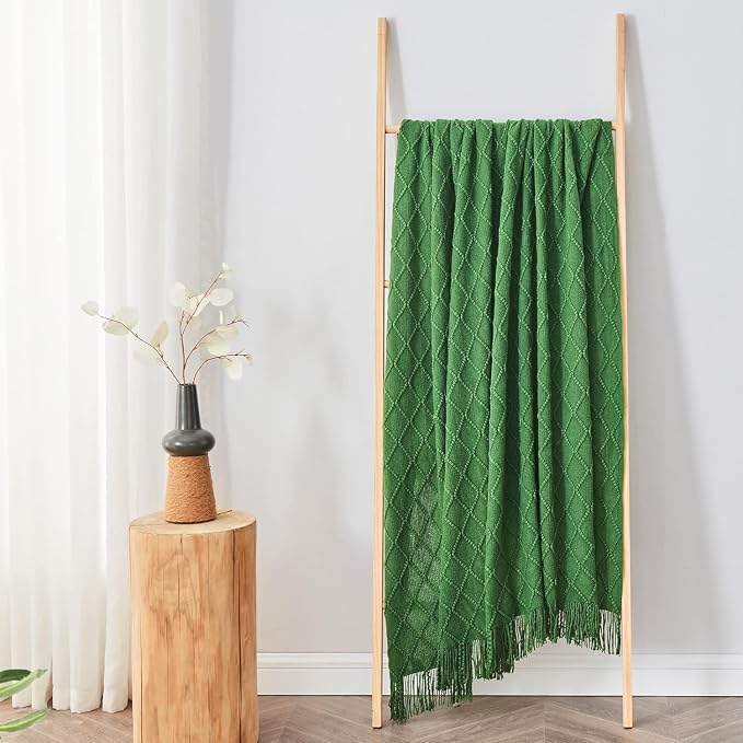 inhand Green Knitted Throw Blanket for Couch and Bed, 60"x80" | Throws for Her or Him, Soft Farmhouse Woven Blanket, Tassel, Lightweight Decorative, Cozy Knit, Warm Living Room Home Decor