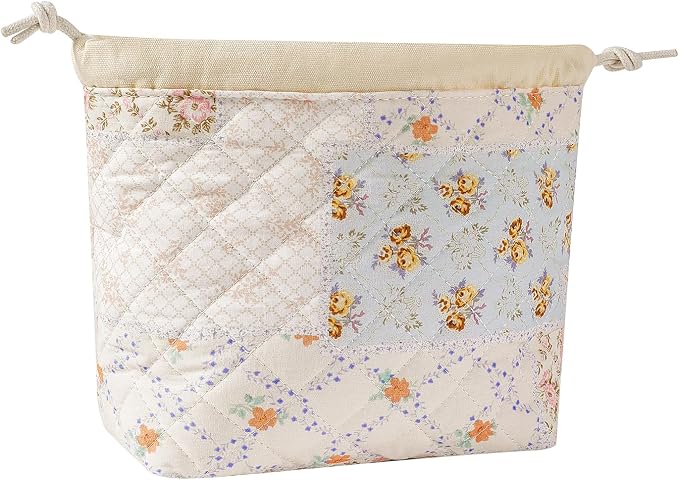 Cotton Quilted Drawstring Makeup Bag with Canvas Lining,Coquette Aesthetic Cute Travel Toiletry Bag,Drawstring Gift Bag for Women and Girls（08Pink Flower）