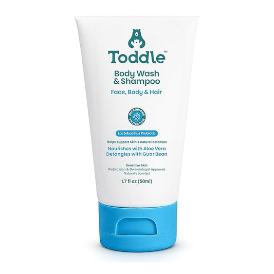 Toddle 3-in-1 Probiotic Baby Shampoo and Body Wash, Plant-Based Kids’ and Toddler Body Wash for Sensitive Skin with Aloe and Lactic Acid, Fragrance-Free, Pediatrician Tested 1.7oz