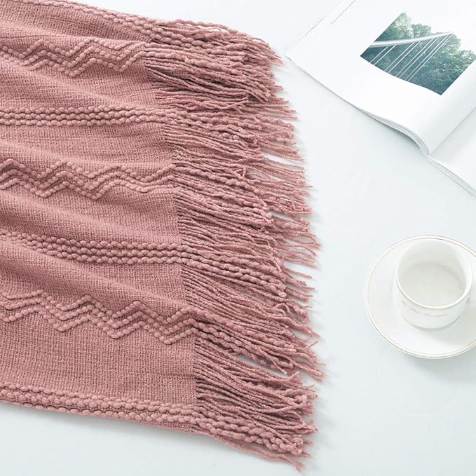 BOURINA Coral Pink Throw Blanket 50x60 Inch Knitted Soft Throw Sofa Blanket | Knitted Throw Blanket 50x60 Inches, Soft Lightweight Boho Weave Throw Decorative Couch Blanket for Living Room Bedroom Chair