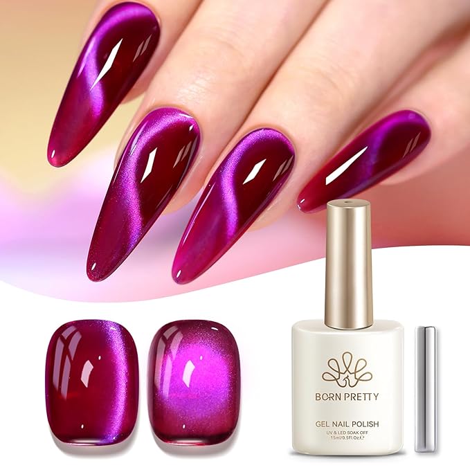 Born Pretty Burgundy Purple Cat Magnetic Eye Gel Polish,2026 Spring Summer Fruit Dark Burgundy Holographic Glitter Shimmer Translucent Magnetic Gel Polish with Purple Powder