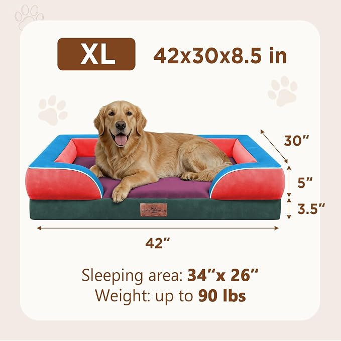 Comfort Expression Orthopedic Dog Bed for Extra Large Dogs with Bolster | Waterproof Dog Couch Bed with Washable Cover & Non-Slip Bottom, Supportive Egg Crate Foam XL Pet Bed, 42x30 Inch