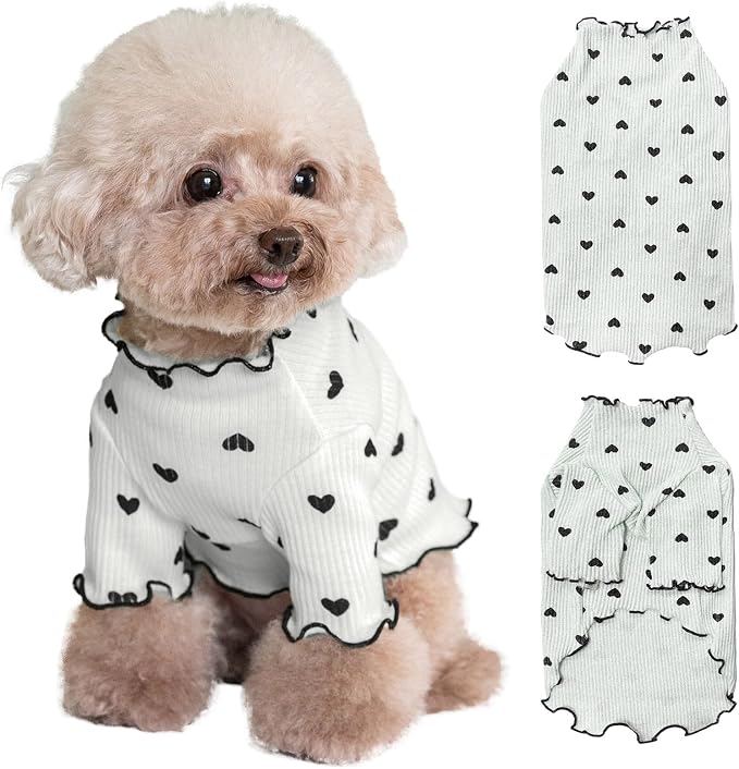 Pet Clothes for Small Dogs Cat Summer Fall Heart Print Shirt Stretchable Ruffle Long Sleeve Outfits for Chihuahua Schnauzer Shih Tzu Yorkie (Grey, Medium)