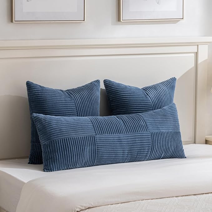 Fancy Homi Dusty Blue Decorative Throw Pillow Covers 18x18 Inch for Living Room Couch Bed, Farmhouse Boho Home Decor, Soft Corss Corduroy Patchwork Textured Square Cushion Case 45x45cm