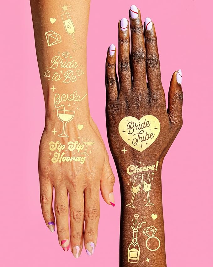 xo, Fetti Gold Bachelorette Tattoos, 54 pcs | Bach Party Favors, Bride Tribe Temporary Tats, Metallic Bridal Party Accessory, Bridesmaid Gift