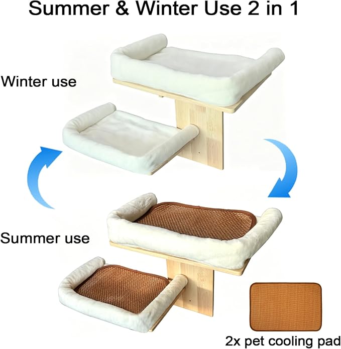Cat Wall Shelves with Cat Bed 2 in 1 Furniture with Soft Cushion Perch & Pet Cooling Mat 2 Platform Climbing Wall Systems Tree Tower for Indoor Cats Rubber Wood Corner Floating Shelf