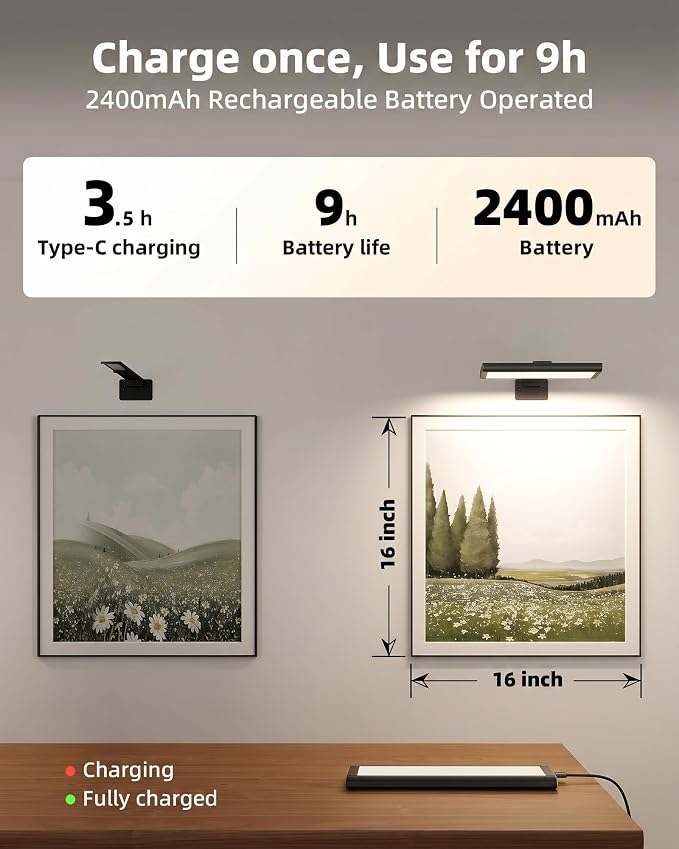EZVALO Picture Light for Wall, Rechargeable 2400mAh Lights Wireless with IR Remote, 3 Color & Dimmable Magnetic 7.87'' LED Lights Display for Painting, Living Room, Gallery, Bedroom Art(Black-2P)