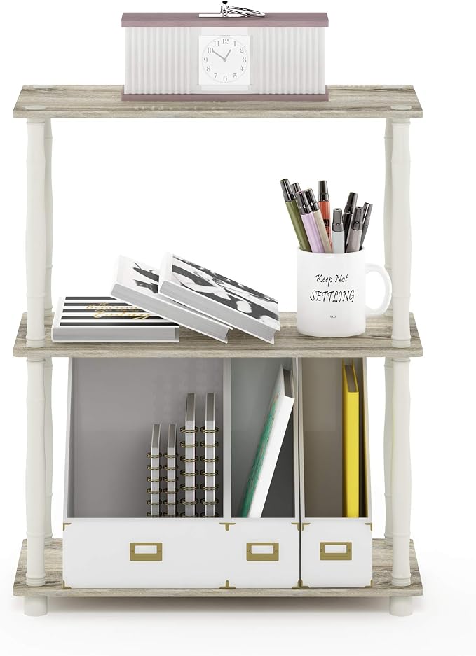 Furinno Turn-N-Tube 3-Tier Compact Multipurpose Shelf Display Rack with Classic Tube, Sonoma Oak/White | Open Shelves Corner Shelf, Book Shelf, for Organization and Storage, Living Room, Garage, Home Office