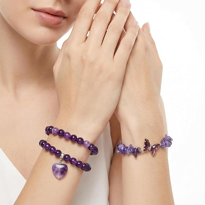 Healing Crystal Beaded Bracelet for Women Amethyst Gemstone Anxiety Stress Relief Charm Bracelet Butterfly Heart Charm Healing Stone Jewelry Gifts for Birthday Mothers Day Valentine