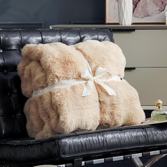 Cozy Bliss Faux Fur Throw Blanket for Couch, Fuzzy Soft Plush Thick Bubble Blanket for Sofa Bedroom Living Room, 60 * 80 Inches Beige