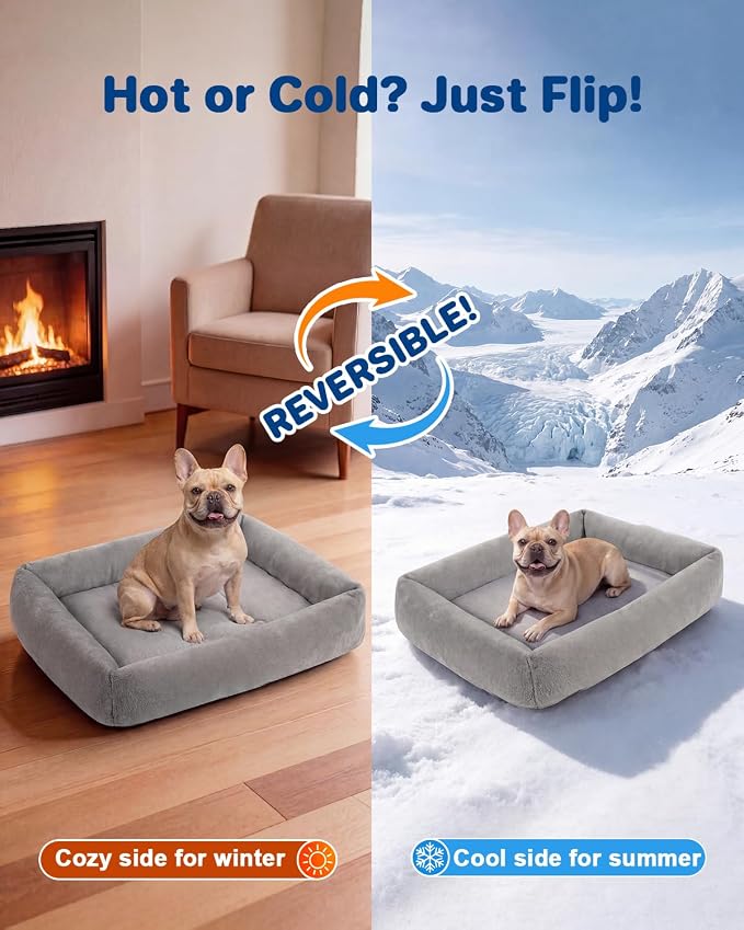 Cooling Dog Bed for Large Dogs - Removable Inner Cushion & Reversible Design (Ice‑Silk Cooling Layer | Sherpa Fleece Layer), Non‑Slip Bottom Washable Medium Mat for Crates, Beds, Sofas 24" × 15"